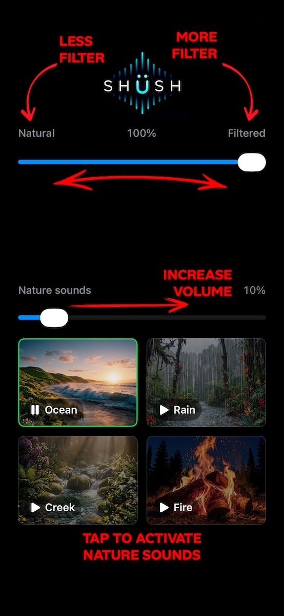 Shüsh noise filtering and nature sound controls