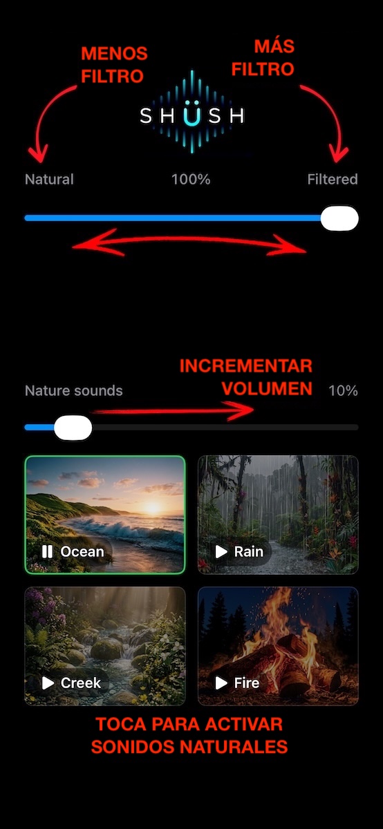 Controles de filtrado de ruido y sonidos naturales de Shüsh